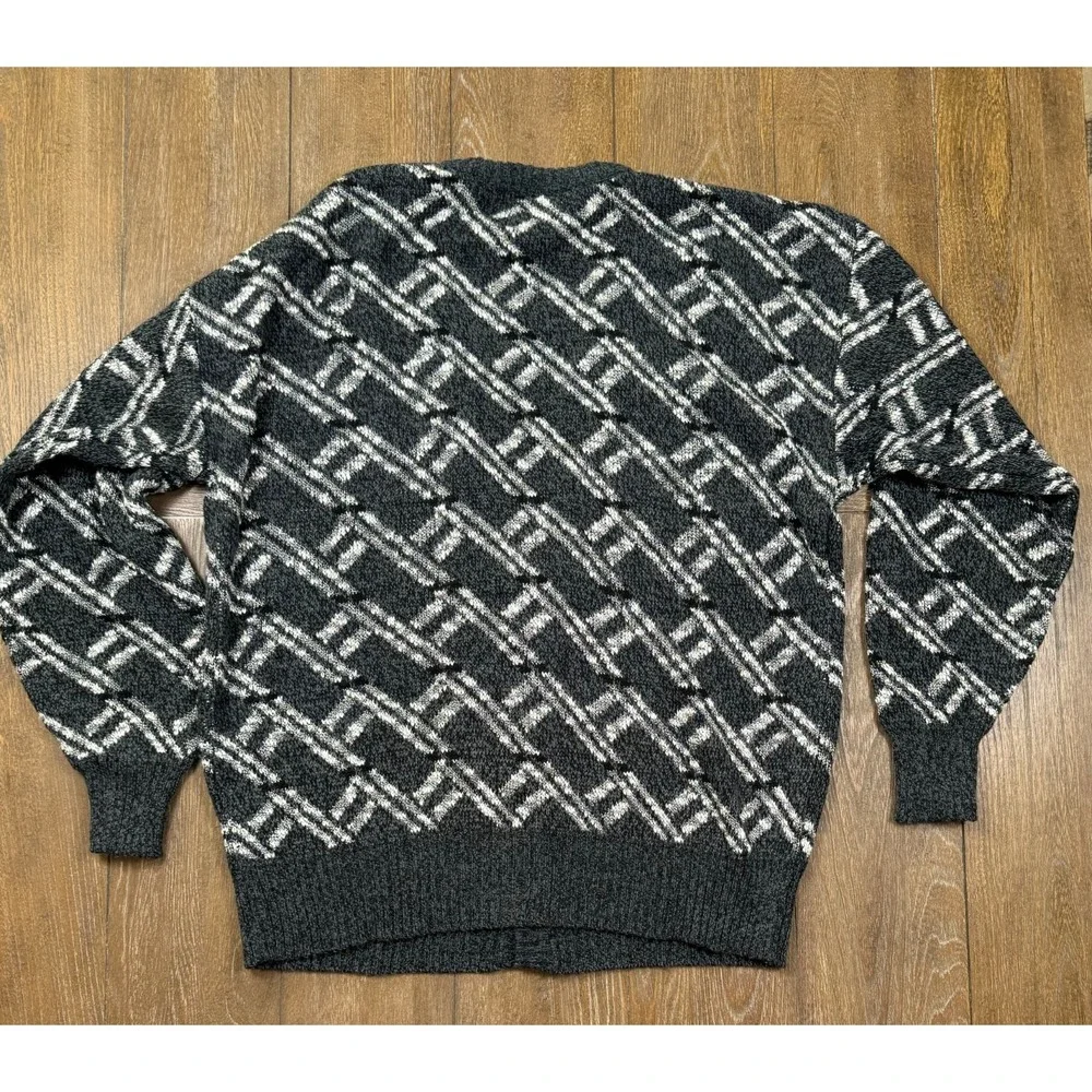Vintage Michael Gerald Cardigan Men XL Black White Geometric Grandpa Sweater